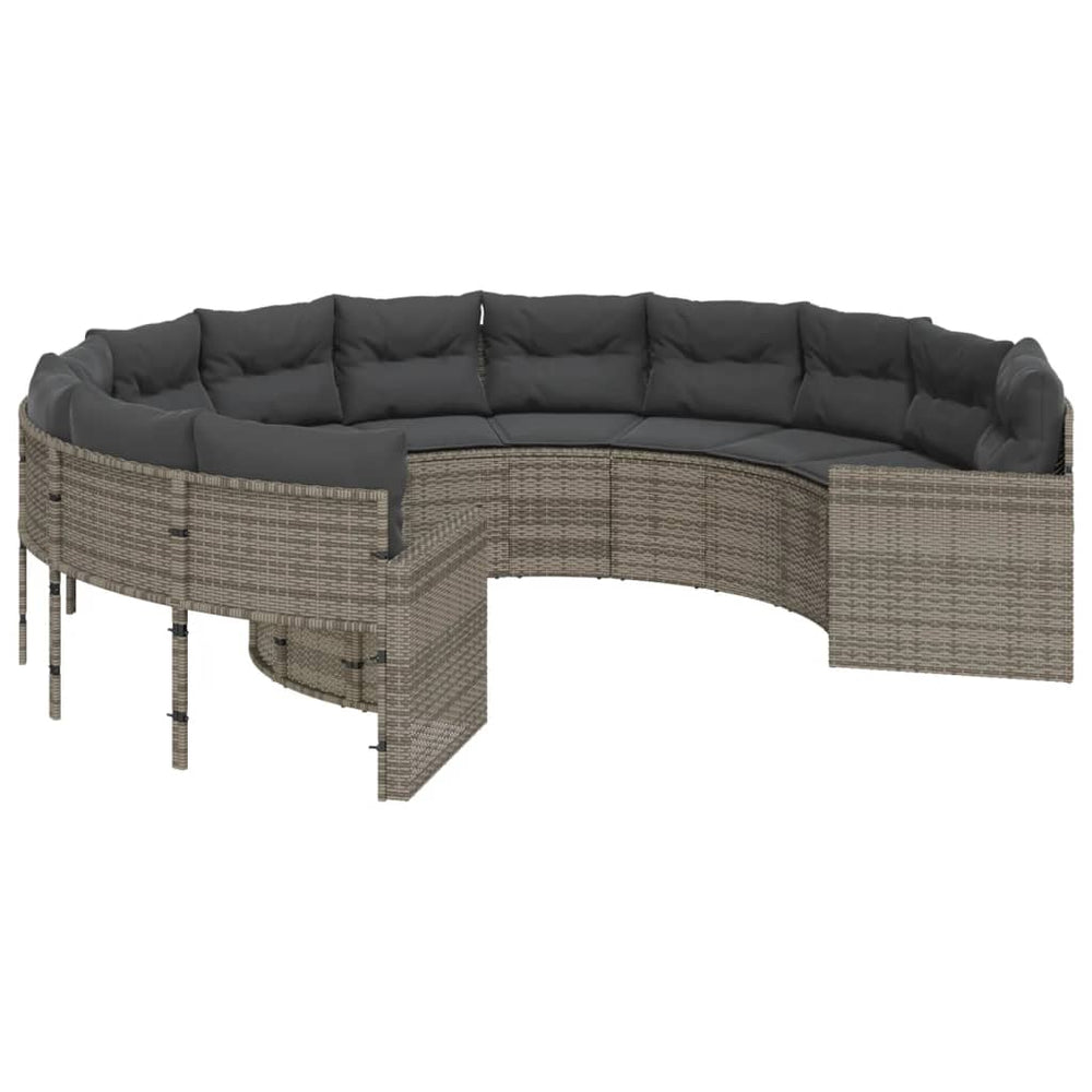 Rundes Gartensofa Grau Poly Rattan mit Kissen