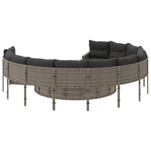 Rundes Gartensofa Grau Poly Rattan mit Kissen
