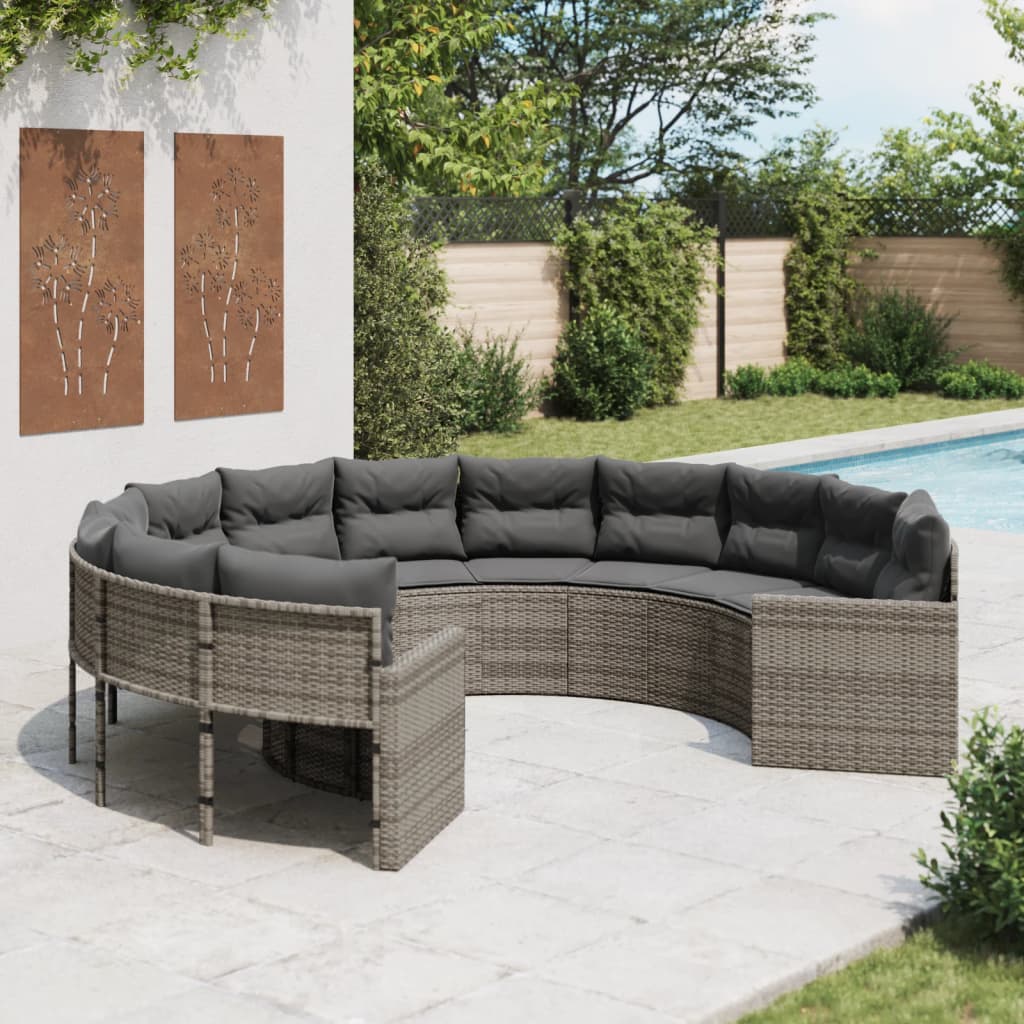 Rundes Gartensofa Grau Poly Rattan mit Kissen