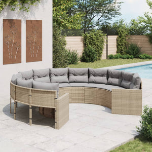 Rundes Gartensofa Beige Poly-Rattan mit Kissen