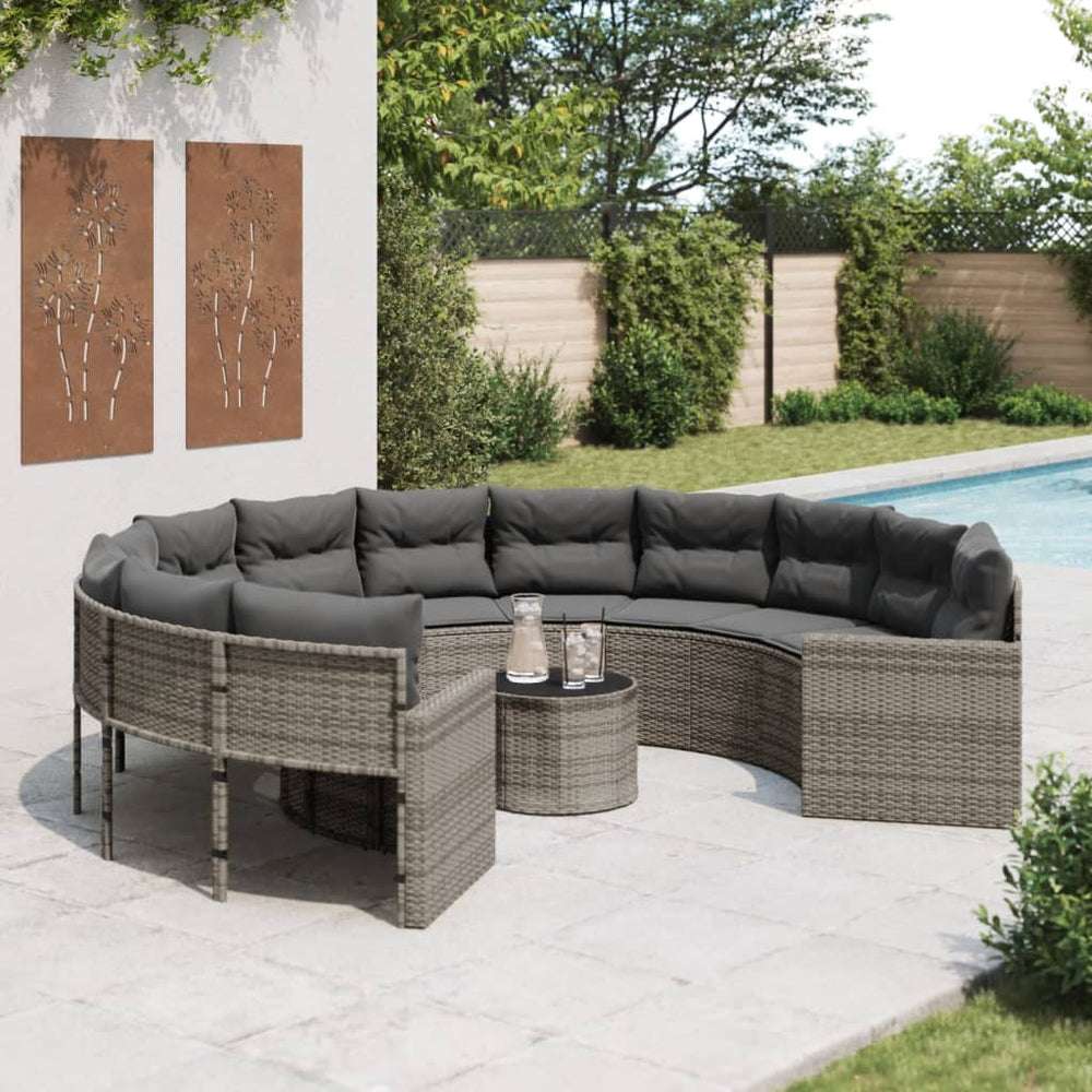 Rundes Gartensofa mit Tisch Grau Poly Rattan