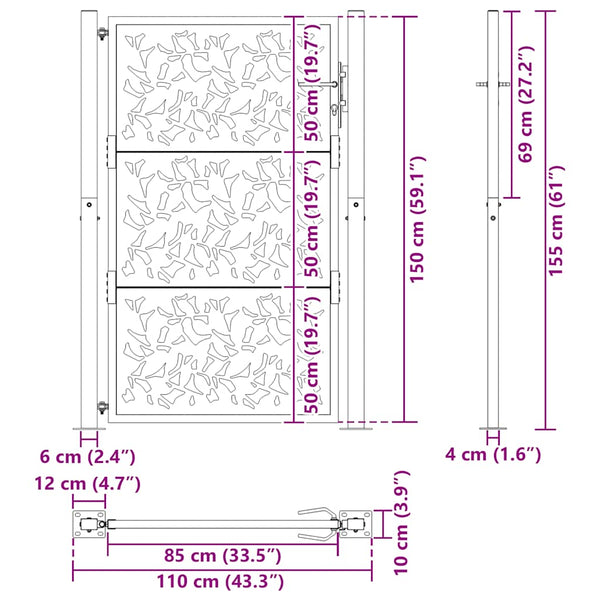 Schwarzes Gartentor 100x150 cm Stahlblatt-Design