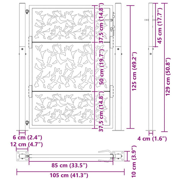 Gartentor 100x125 cm Verwitterungsstahl Blattdesign