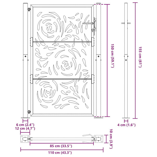 Schwarzes Gartentor 100x150 cm Stahl Flammendesign