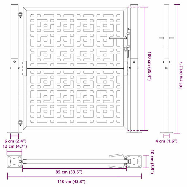 Schwarzes Gartentor 100x100 cm Stahl Kreuz Design