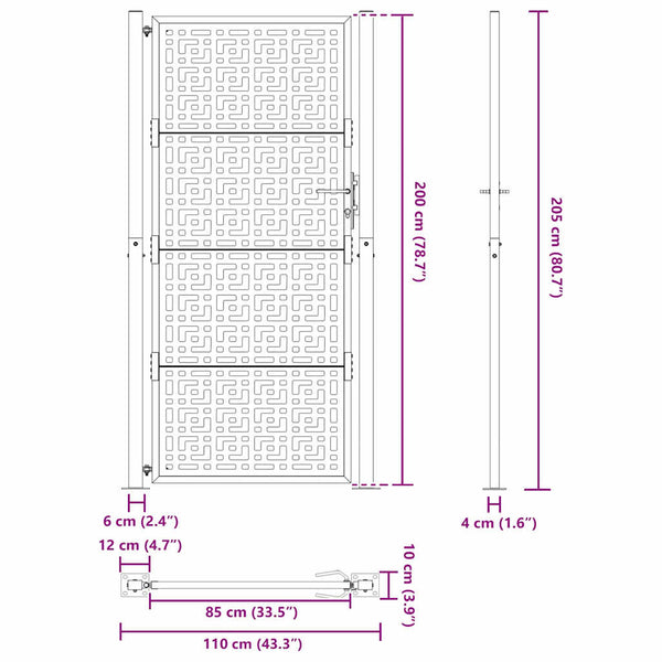 Schwarzes Gartentor 100x200 cm Stahl Kreuz-Design