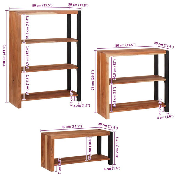 Bücherregal 3er Set Akazie Massivholz Braun