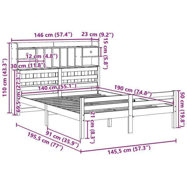 vidaXL Lit en bois massif avec étagère sans matelas 140x190 cm Pin