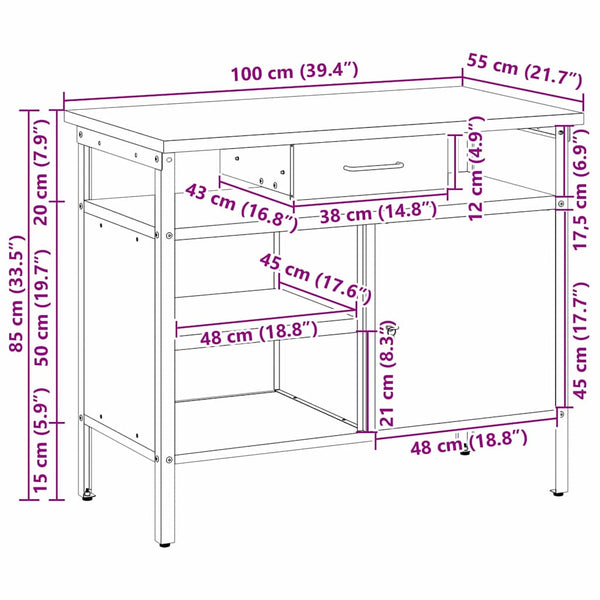 Werkbank mit Schubladen, Regal – 100x55x85cm