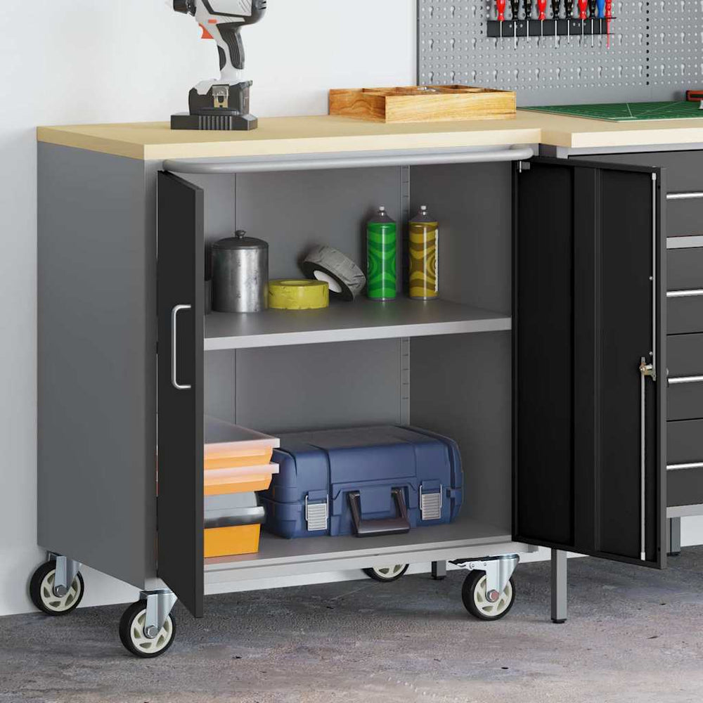 Werkbank mit Regal und Rad, Schwarz/Grau