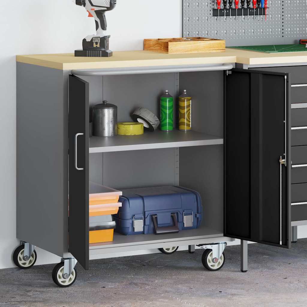 Werkbank mit Regal und Rad, Schwarz/Grau