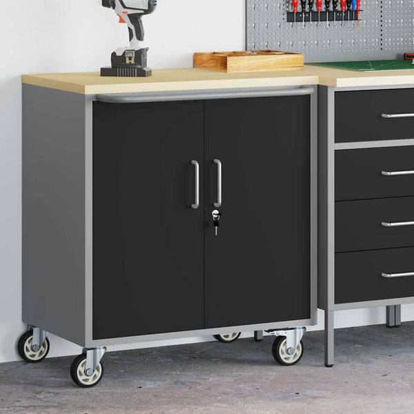 Werkbank mit Regal und Rad, Schwarz/Grau