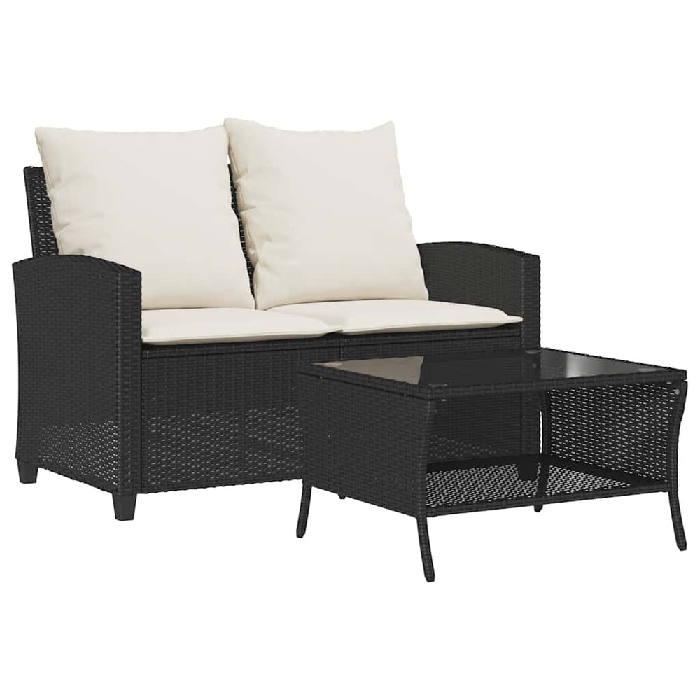 vidaXL 2-Seater Garden Sofa with Cushions & Table Black Poly Rattan