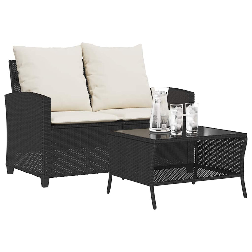 vidaXL 2-Seater Garden Sofa with Cushions & Table Black Poly Rattan