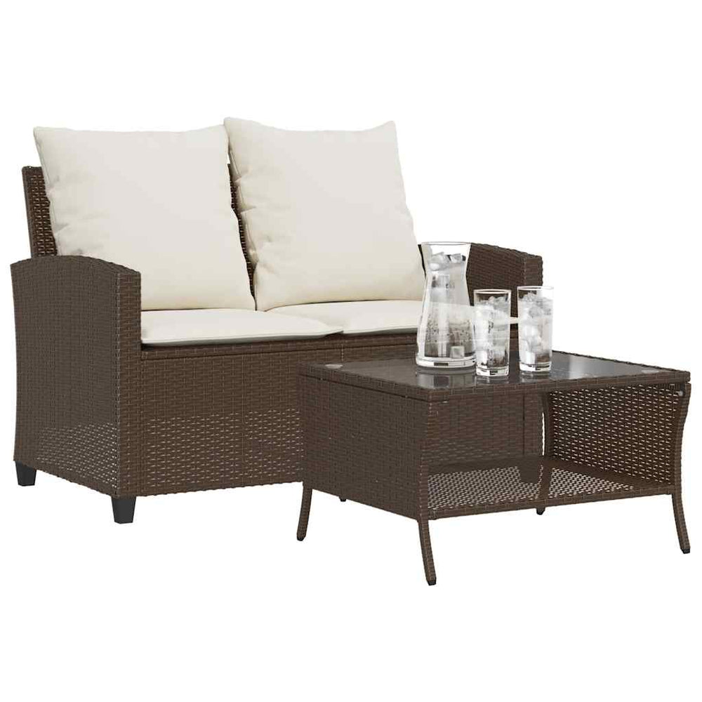 vidaXL 2-Seater Garden Sofa with Cushions & Table Brown Poly Rattan