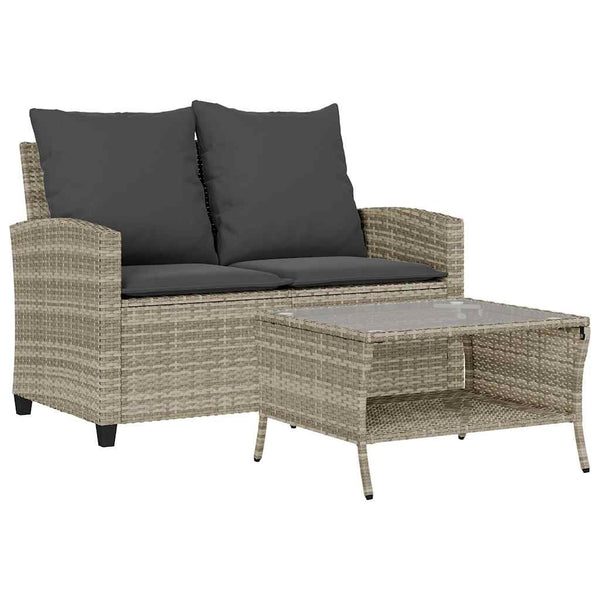 vidaXL 2-Seater Garden Sofa with Cushions & Table Light Grey Poly Rattan