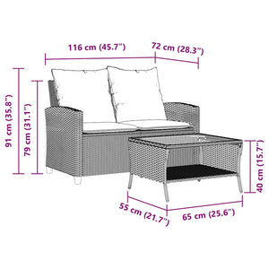 vidaXL 2-Seater Garden Sofa with Cushions & Table Light Grey Poly Rattan
