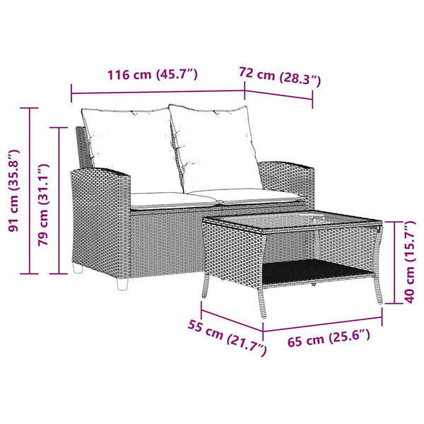 vidaXL 2-Seater Garden Sofa with Cushions & Table Light Grey Poly Rattan