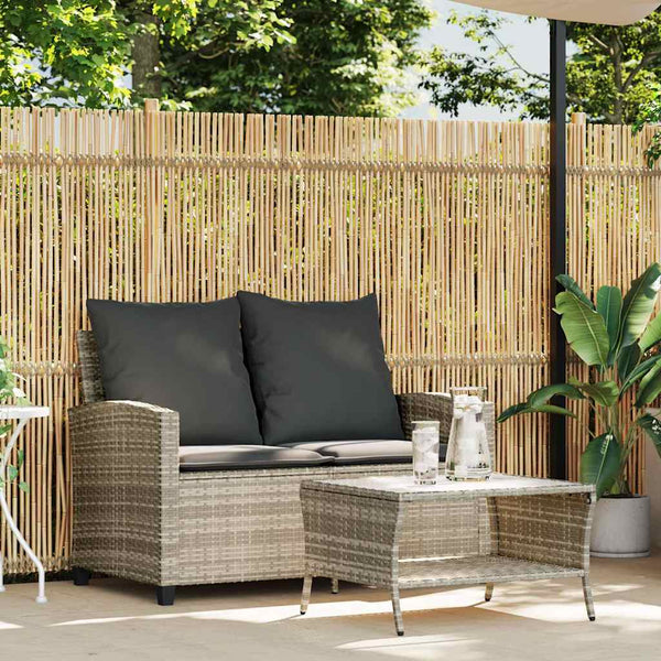 vidaXL 2-Seater Garden Sofa with Cushions & Table Light Grey Poly Rattan
