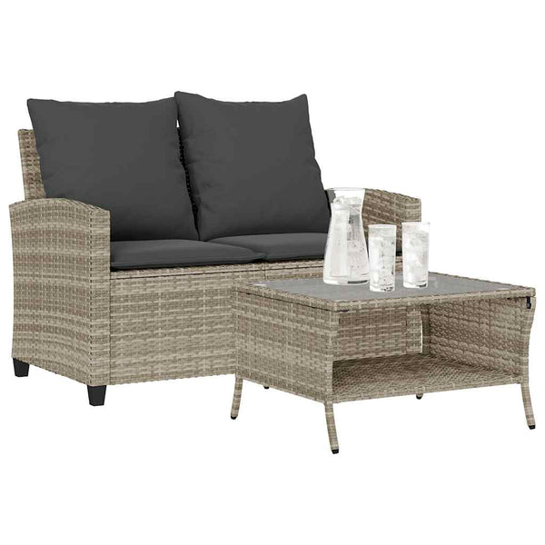 vidaXL 2-Seater Garden Sofa with Cushions & Table Light Grey Poly Rattan