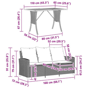 vidaXL 3-Seater Garden Sofa with Cushions & Table Light Grey Poly Rattan