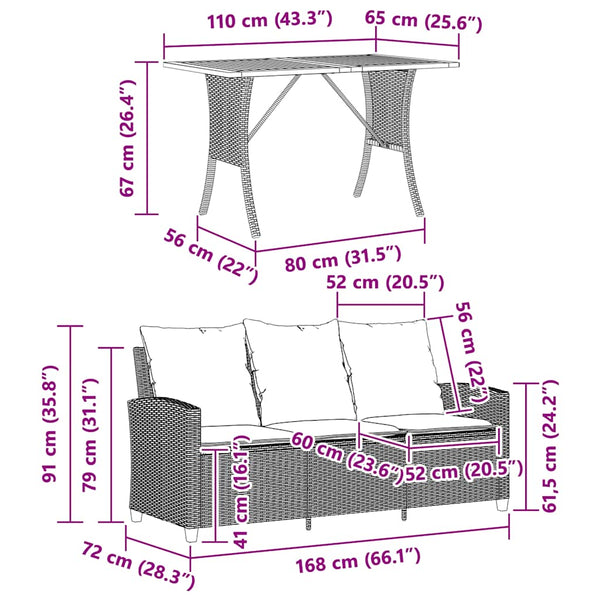 vidaXL 3-Seater Garden Sofa with Cushions & Table Light Grey Poly Rattan