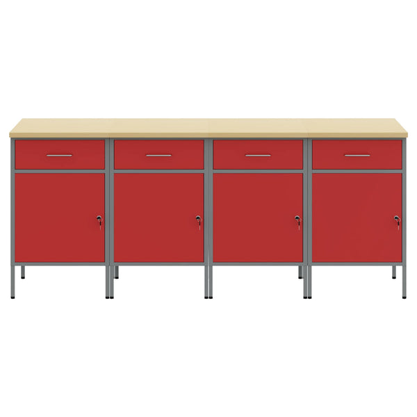 Werkbank mit Schubladen, Rot & Grau, 200 cm