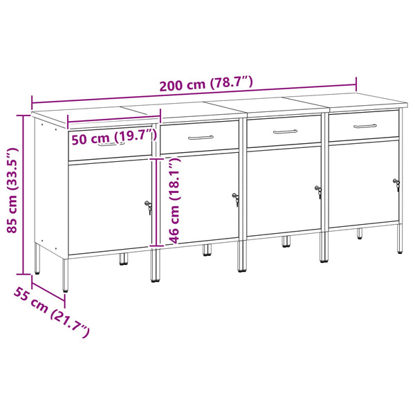 Werkbank mit Schubladen, Rot & Grau, 200 cm