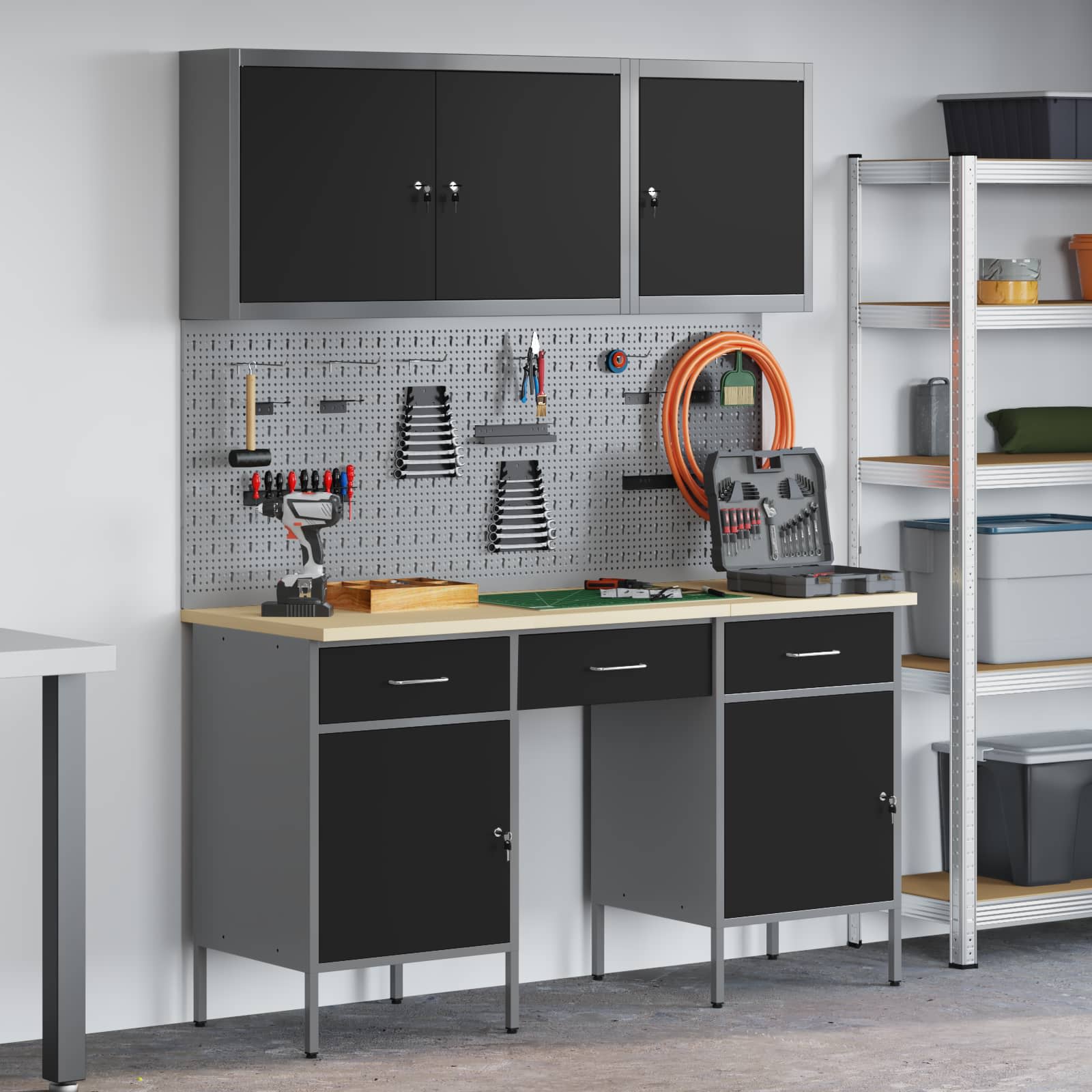 Werkbank mit Stauraum, Schwarz