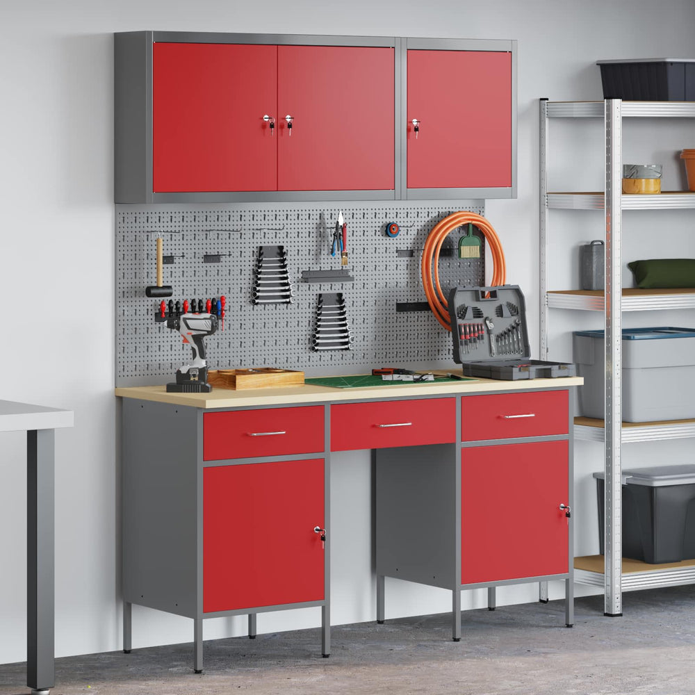 Werkbank mit Schubladen, 10-teilig, Rot