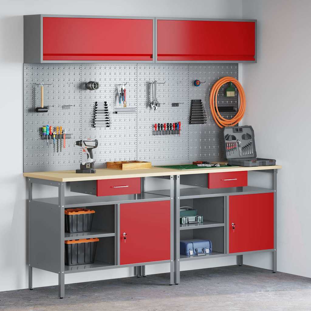 Werkbank Set 8-teilig Stahl Rot/Grau