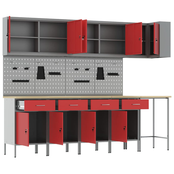 Werkstattschrank Set mit Schubladen Rot/Grau