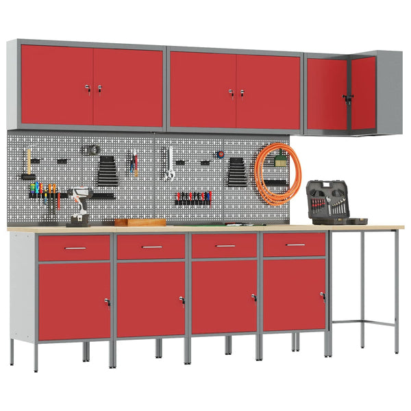 Werkstattschrank Set mit Schubladen Rot/Grau