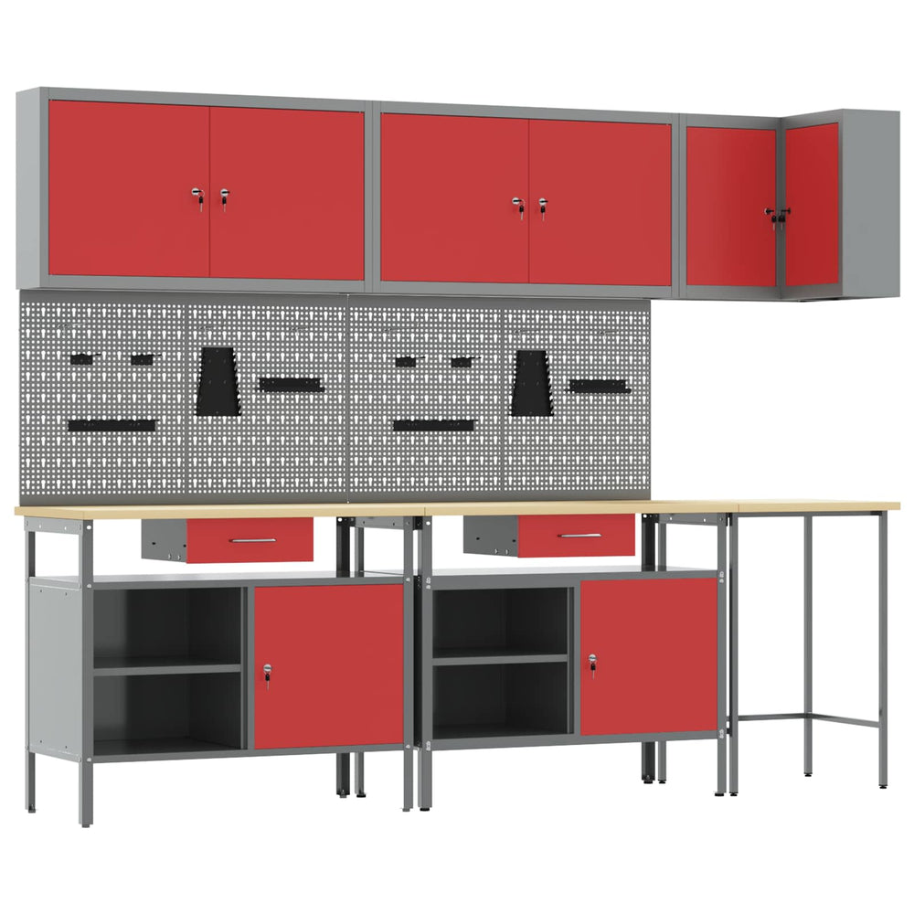 Werkbank Set mit Schubladen, 10-teilig, Rot/Grau