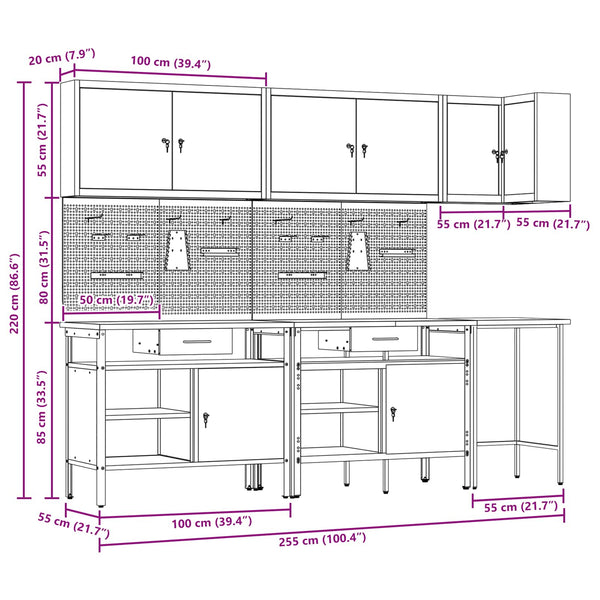 Werkbank Set mit Schubladen, 10-teilig, Rot/Grau