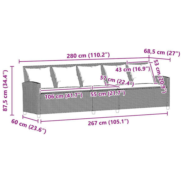 5-Sitzer Gartensofa Braun Poly Rattan mit Kissen