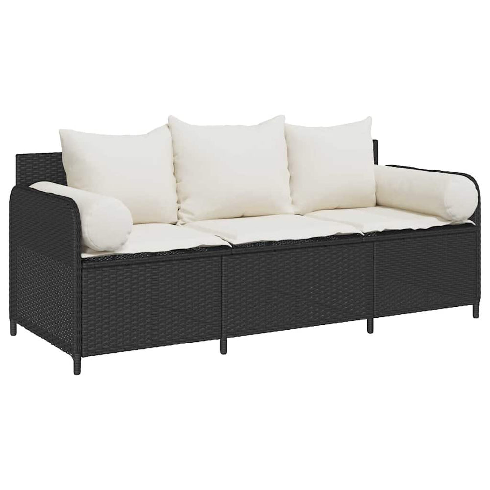 vidaXL 3-Seater Garden Sofa with Cushions Black Poly Rattan