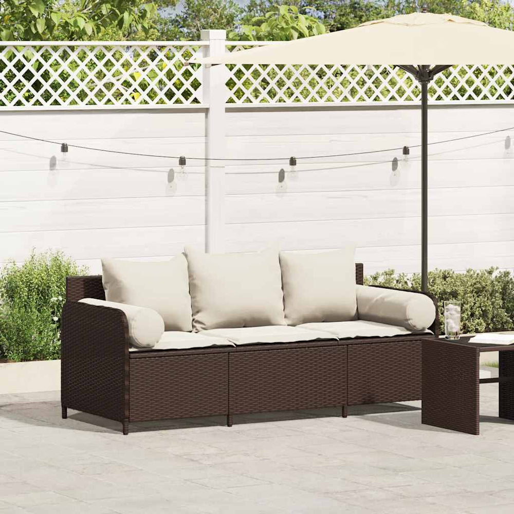 vidaXL 3-Seater Garden Sofa with Cushions Brown Poly Rattan