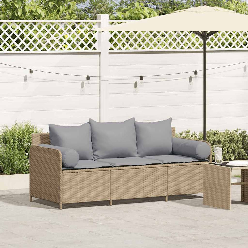 vidaXL 3-Seater Garden Sofa with Cushions Beige Poly Rattan