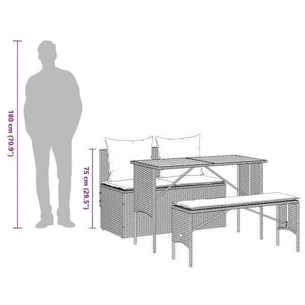 3-tlg. Garten-Essgruppe mit Kissen Grau Poly Rattan