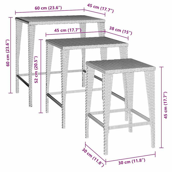 Garten Satztische 3er Set Schwarz Rattan