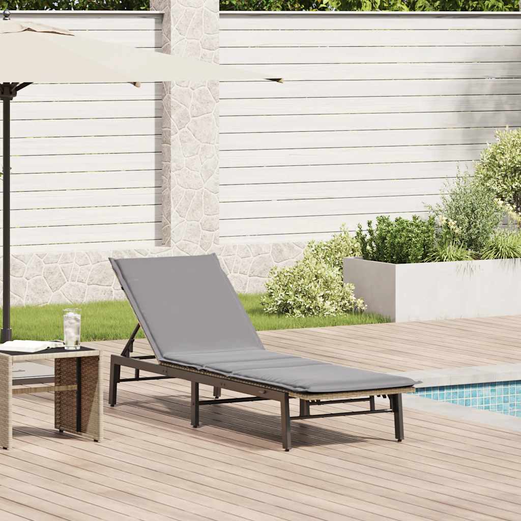 Beige Poly Rattan Sonnenliege mit Auflage