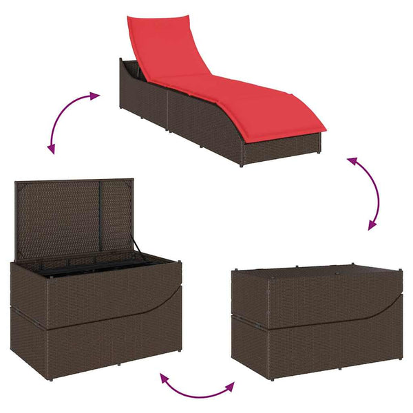 Klappliege Poly-Rattan Braun mit Auflage & Stauraum