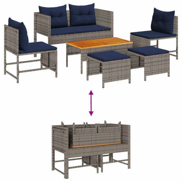 Gartensofa Set Grau Marineblau Polyrattan 6-teilig