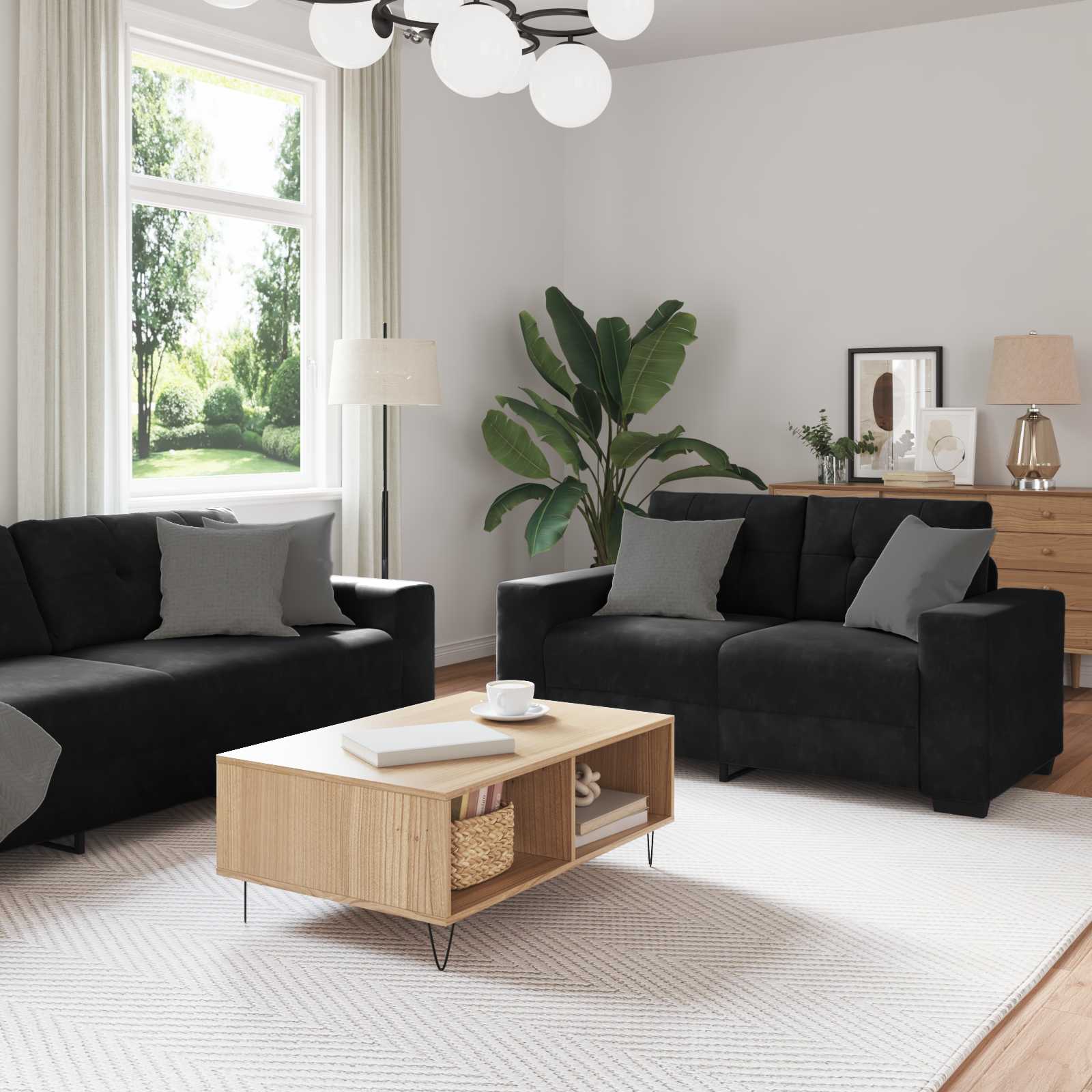 Samt Sofa Set 3-teilig Schwarz