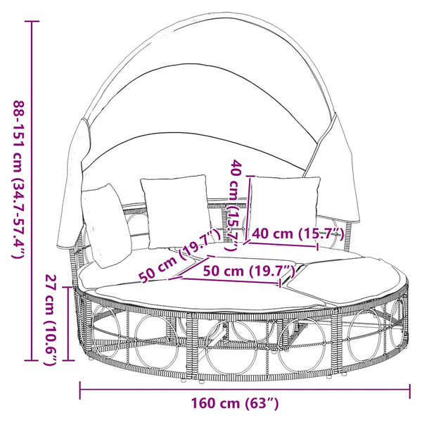 Outdoor-Loungebett mit Dach Schwarz Poly Rattan