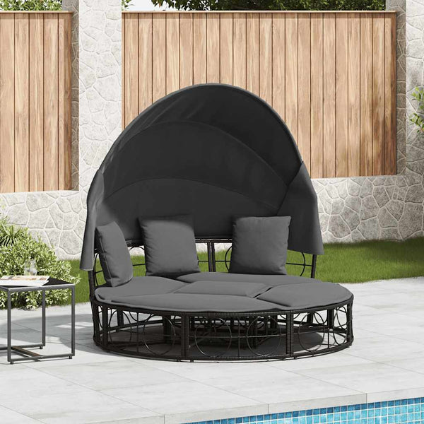 Outdoor-Loungebett mit Dach Schwarz Poly Rattan
