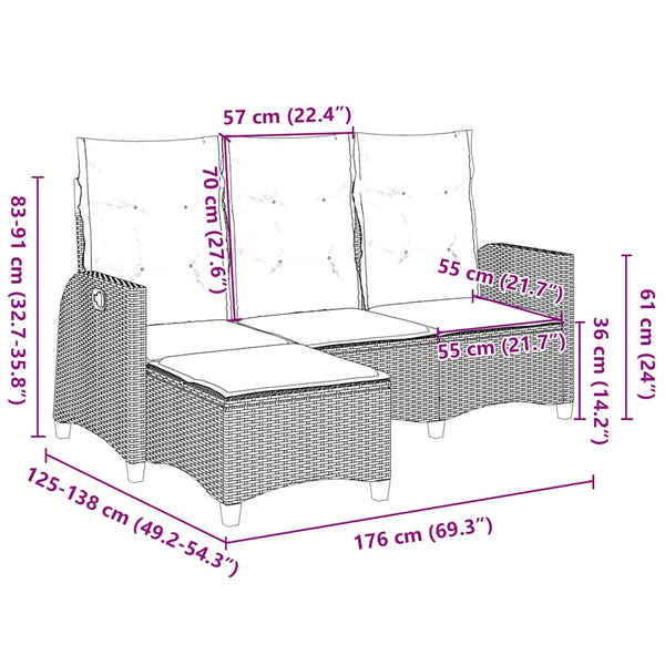 Gartensofa L-Form mit Liegefunktion Braun Rattan