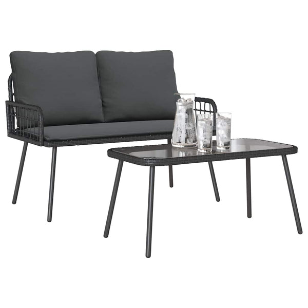 Garten Essgruppe Schwarz Poly-Rattan mit Kissen
