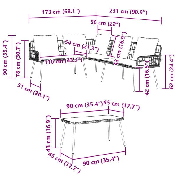 Gartensofa Set 2-teilig Poly-Rattan Natur